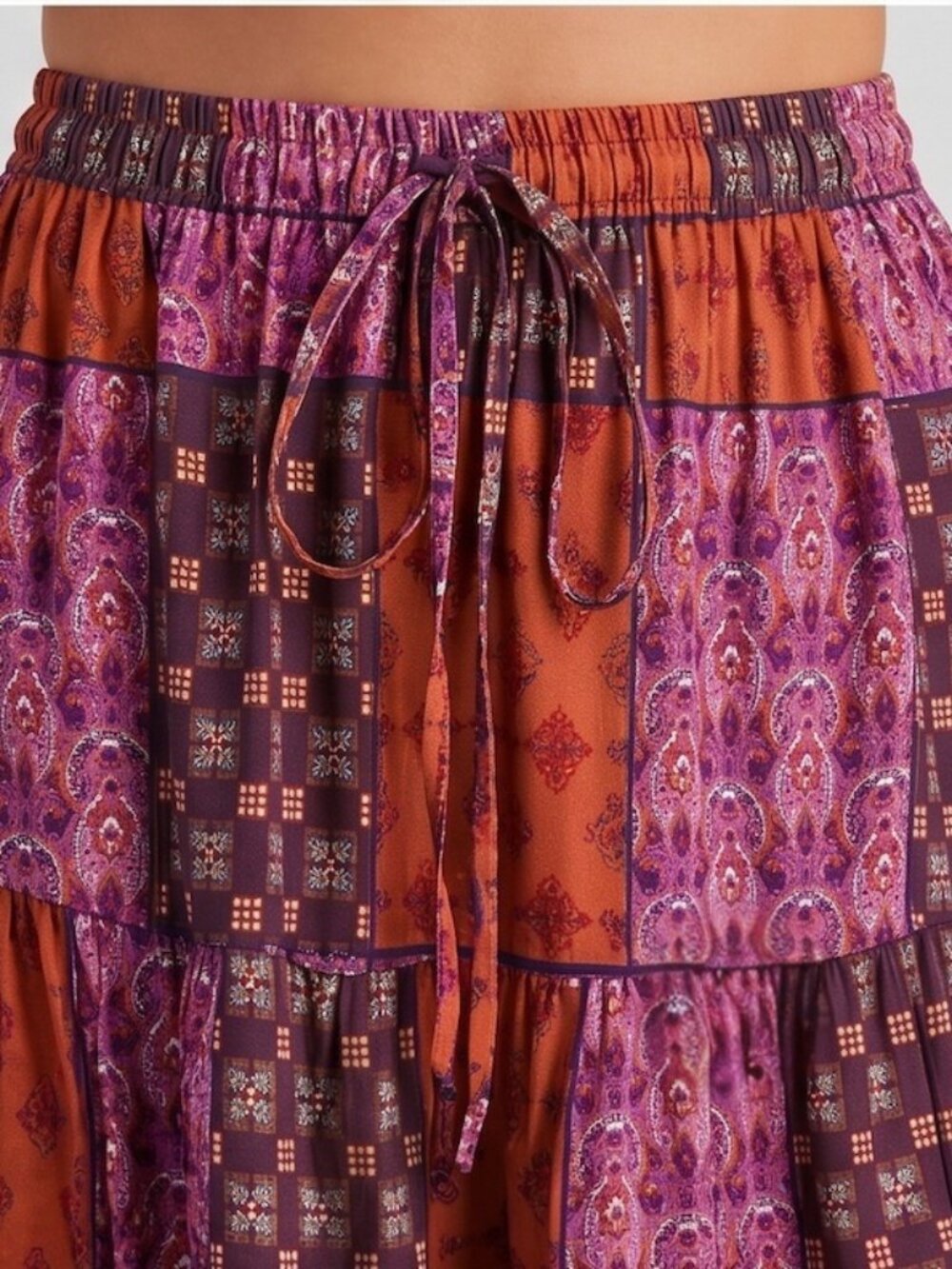 Boho Patchwork Print Maxi Skirt Red - Picture 2 of 11